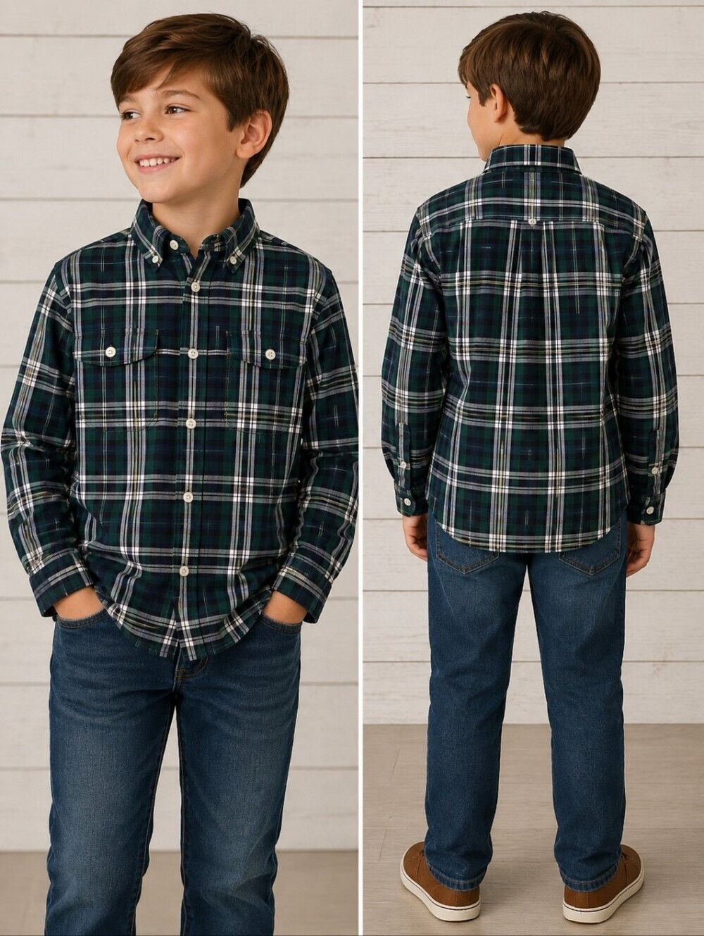Chaps Green Plaid Collared Button Shirt Boy's Size 8 Fall Autumn Winter Layer
